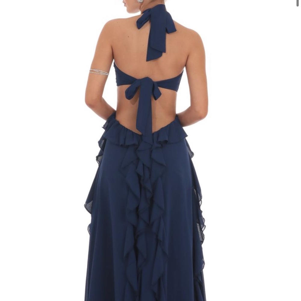 Lucy in the Sky Navy Backless Ruffle Dress